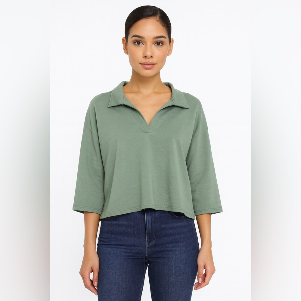 AQUA Bloomingdale's Exclusive Pullover Top Collared 3/4 Sleeve Green M